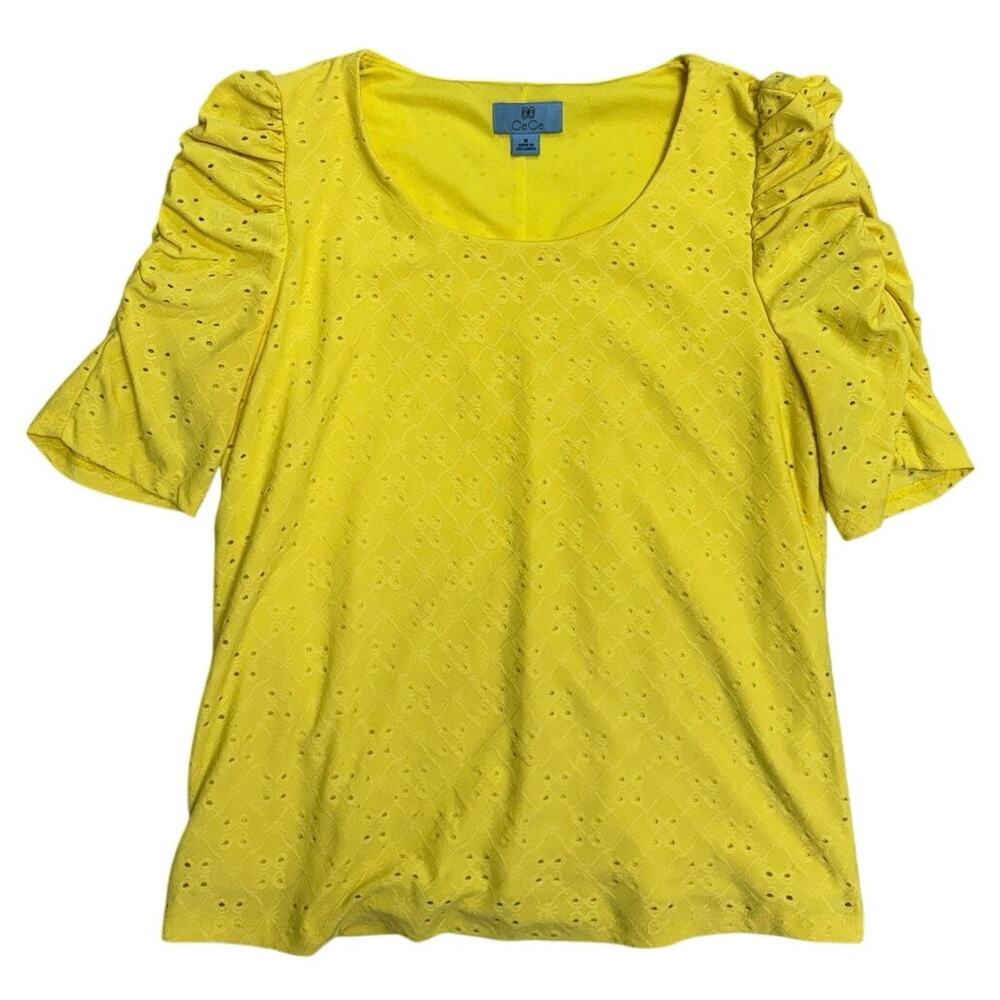 Yellow Eyelet Puff‑Sleeve Top 💛 Short‑Sleeve Feminine Summer Blouse 🌼 Size M